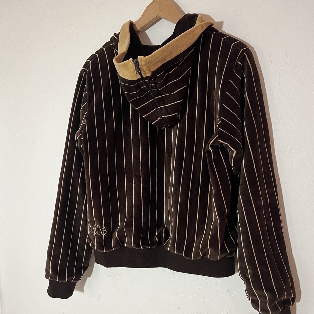 Stussy Velour Waffle Lined Zip Up Jacket Coat Stripe Y2K Zippered Hood Sz Large - Picture 6 of 16